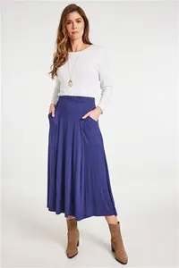 Bonmarche Navy Plain Midi Jersey Skirt With Pocket Detail, Size: 10