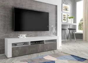 MORENO 160 TV Cabinet - White Matt and Dark Concrete, Versatile Wall Mountable or Free-Standing Unit 350mm x 410/430mm x 1600mm