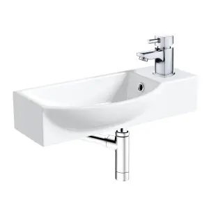 460mm Curved Wall Hung 1 Tap Hole Basin Chrome Hero Tap & Minimalist Bottle Trap Waste