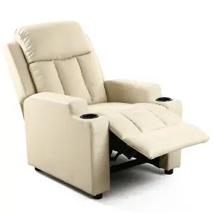 Studio Leather Recliner W Drink Holders Armchair Sofa Chair Cinema Gaming Cream