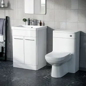 Nes Home Afern 600mm Vanity Basin Unit, WC Unit & Elso Back to Wall Toilet White