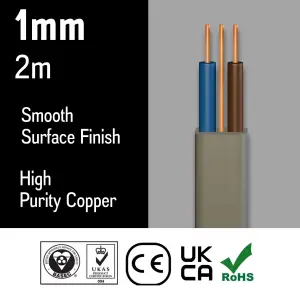 Primes DIY Electric Socket wire cable 1mm Twin and Earth Flat Grey PVC Lighting Electric Cable 6242Y BASEC Approved (2 meter)