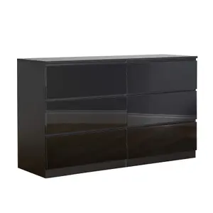 Home Source Lugano Black 6 Drawer Wide Chest of Drawers High Gloss Drawer Fronts