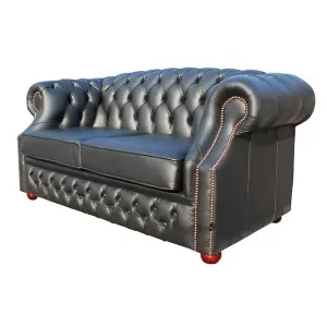 Chesterfield 2 Seater Shelly Black Real Leather Sofa Bespoke In Buckingham Style