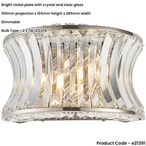 Glass Dimmable Wall Light - Concave Effect Clear Crystals - Polished Nickel Edge