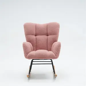 Mid Century Modern Teddy Fabric Tufted Upholstered Rocking Chair Padded Seat For Living Room Bedroom,Pink