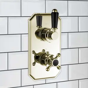 ENKI Regent English Gold Black Traditional Crosshead Single Outlet Brass Thermostatic Twin Shower Valve TSV039