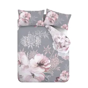 Catherine Lansfield Bedding Dramatic Floral Duvet Cover Set with Pillowcases Grey