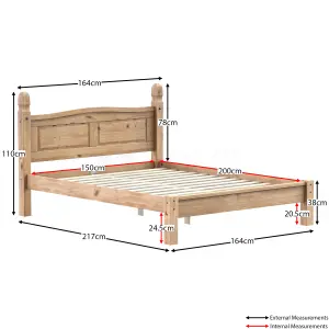 Vida Designs Corona 5ft King Size Solid Wood Bed Frame Distressed Waxed Pine, Low Foot End, 200 x 150cm