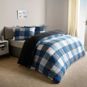 Gingham Teddy Duvet Cover Pillowcase Quilt Soft Bedding Set, Navy - Single