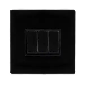 Matt Black Screwless Plate 10A 3 Gang 2 Way   Light Switch - Black Trim - SE Home