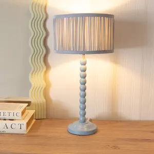 ValueLights Bobbins Powder Blue Table Lamp with Ruched Pleated Powder Blue Drum Lamp Shade and LED Bulb