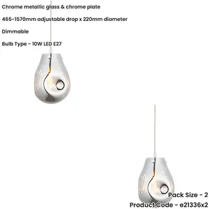 2 PACK Hanging Ceiling Pendant Light - Chrome Metallic Glass & Chrome Plate - 10W LED E27