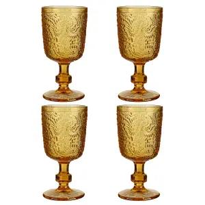 Set of 4 Vintage Luxury Yellow Embossed Drinking Goblet Wine Glasses 300ml