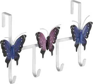 Butterfly Design Over-the-Door Hooks - Metal Hanger with 4 Hooks - Bathroom, Bedroom, Cloakroom, Utility Hanging Storage