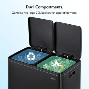 60L Compartment Bins Step On Multi-Compartment Rubbish & Recycling Bin - 60L Matte Black