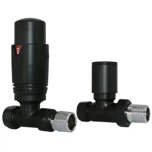 Right Radiators Black Straight TRV Thermostatic Radiator Valve and Manual Straight Valve 15mm x 1/2"