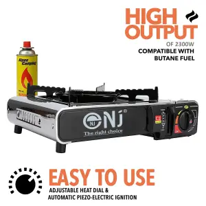 NJ-500 Portable Camping Gas Stove Single Burner Cooker 2.2kW Stainless Steel with Carry Case + Bag