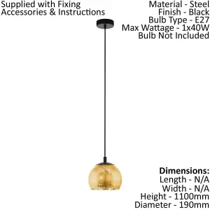 Pendant Ceiling Light Colour Black Shade Gold Color Glass Bulb E27 1x40W