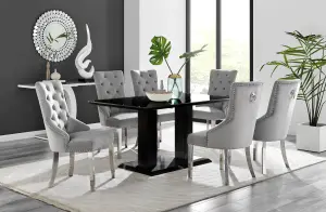 Imperia Black High Gloss 6 Seater Dining Table with Structural 2 Plinth Column Legs 6 Grey Velvet Silver Leg Belgravia Chairs