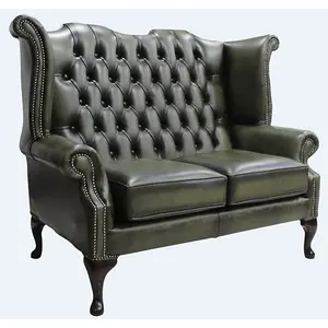 Chesterfield 2 Seater High Back Wing Sofa Antique Olive Leather In Queen Anne Style