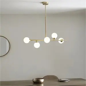 Multi Arm Hanging Ceiling Pendant Light - Satin Brass Plate & Gloss White Glass Shade - 5 x 3W LED G9