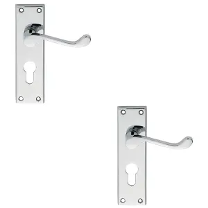 2 PACK - Victorian Scroll Latch & EURO Lock Door Handle Polished Chrome Lever Backplate