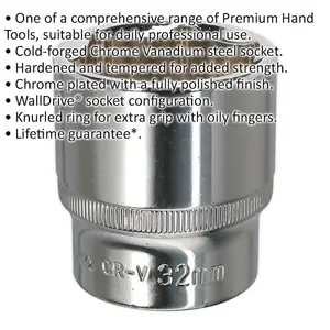 Premium 32mm Forged Steel Drive Socket - 1/2 Inch Square Drive with Polished Finish