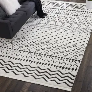 White Shaggy Modern Geometric Moroccan Rug Easy to clean Living Room Bedroom and Dining Room-160cm X 221cm