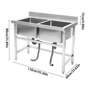 110cm Double Bowl Commercial Freestanding Stainless Steel Kitchen Catering Sink with Splashback for Food Prep