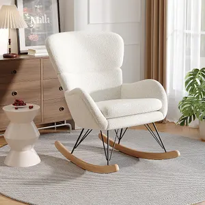 Beige Faux Wool Rocking Chair Relax Rocker Chair Relaxing Recliner Armchair with Removable Cushion