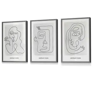 Set of 3 Grey Abstract Line Art Faces Wall Art Prints / 30x42cm (A3) / Dark Grey Frame