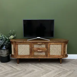 Elm Home And Garden Soild Mango Wood Rattan Oval Tv Media Unit Doors Dark Oak Finish 140cm Wide Assembled