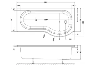 P Shape Right Hand Shower Bath Tub with Leg Set - 1700mm