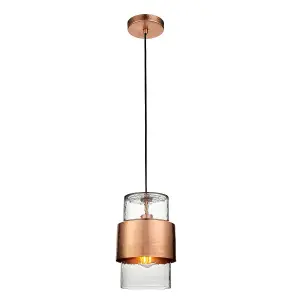 Luminosa Palermo Slim Pendant Ceiling Light Hammered Copper Plate, Textured Clear Glass