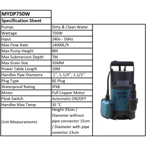 Mylek Submersible Water Pump 750W Electric for Clean or Dirty Water with Float Switch, 14000L/H