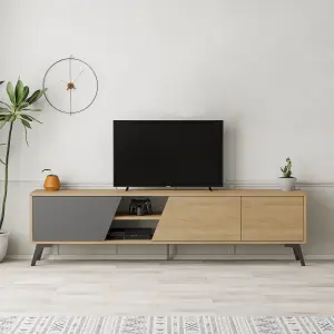 Decortie Fiona Modern TV Unit Multimedia Cabinet with Storage Doors 75" Oak Anthracite Grey 180cm