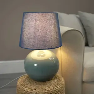 ValueLights Bosco Eucalyptus Ceramic Table Lamp with Navy Blue Tapered Shade - LED Bulb Included