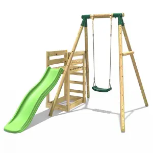 Rebo Wooden Swing Set plus Deck & Slide - Solar Green