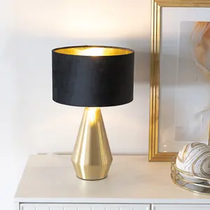 ValueLights Jax Gold Dimmable Touch Table Lamp with Black Velvet with Gold Inner Lamp Shade