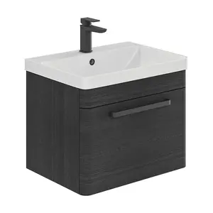 Emery Textured Black Wall Hung Bathroom Vanity Unit & Basin Set with Black Handles (W)60cm (H)46cm