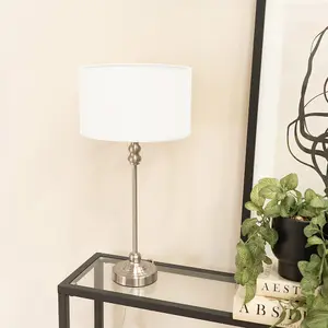 ValueLights Maggie Brushed Chrome Candlestick Table Lamp with White Fabric Drum Shade and LED Bulb