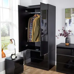 Home Source Lugano Black 2 Door 2 Drawer Wardrobe High Gloss Door & Drawer Fronts