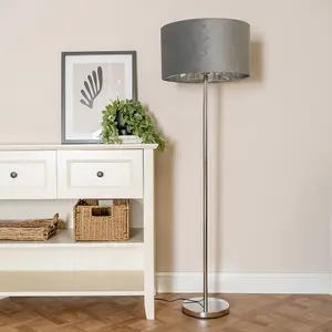 ValueLights Charles Chrome Stem Floor Lamp with Grey Velvet and Chrome Inner Lamp Shade and LED Bulb