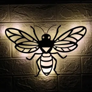 Bee Solar Backlit Wall Art - Outdoor Metal Garden Decor with Lighting