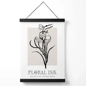 Black and Beige Daffodils Floral Ink Sketch Medium Poster with Black Hanger