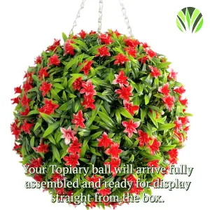 Best Artificial 38cm Red Lily Hanging Basket Flower Topiary Ball - Suitable for Outdoor Use - Weather & Fade Resistant