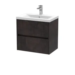 Square Wall Hung 2 Drawer Vanity Unit & Ceramic Basin, 600mm - Textured Matt Metallic Slate