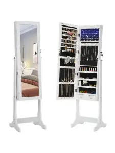 SONGMICS LED Jewelry Cabinet, Full Length Mirrored Jewellery Armoire, Lockable Jewellery Organiser With 2 Drawers