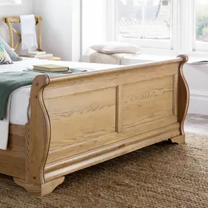 French Style Bordeaux Oak Wooden Sleigh Bed - Double 4ft6 Bed Frame Only